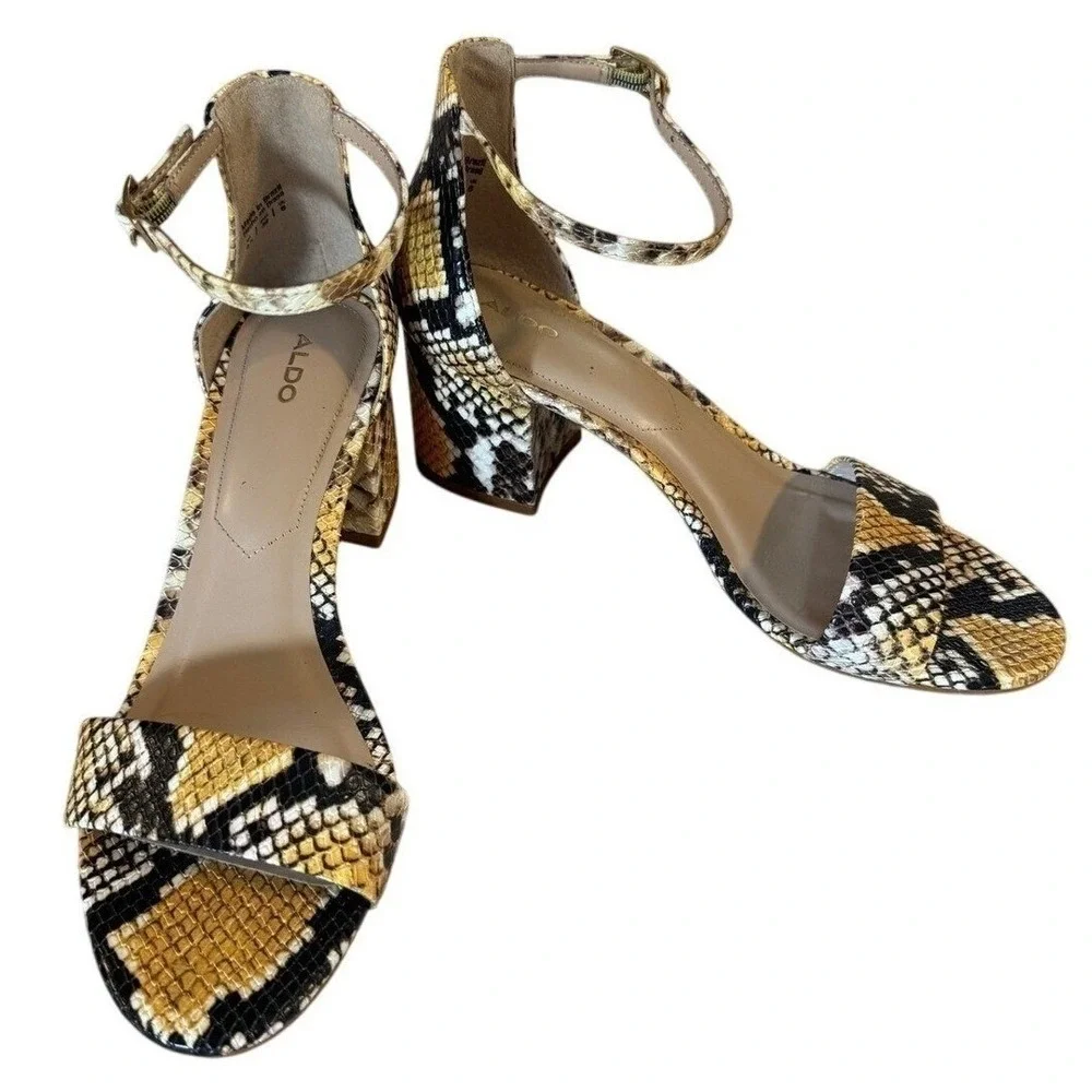 Aldo Block Heel Sandals Women 8.5 Yellow Black Snakeskin Ankle Strap EUC Summer